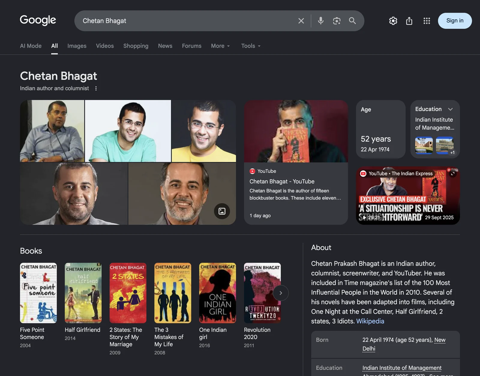 Google search results page for Chetan Bhagat, Indian author and columnist