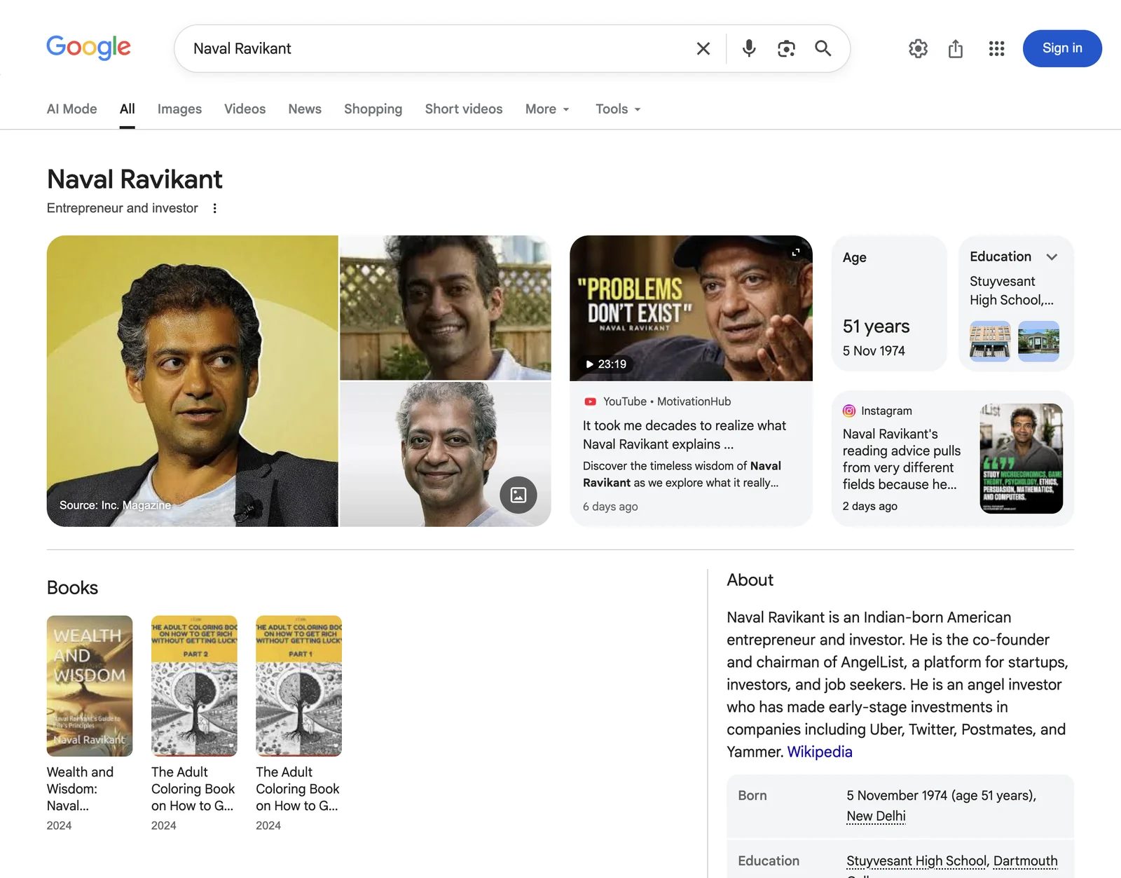 Google search results page for Naval Ravikant, Entrepreneur and investor
