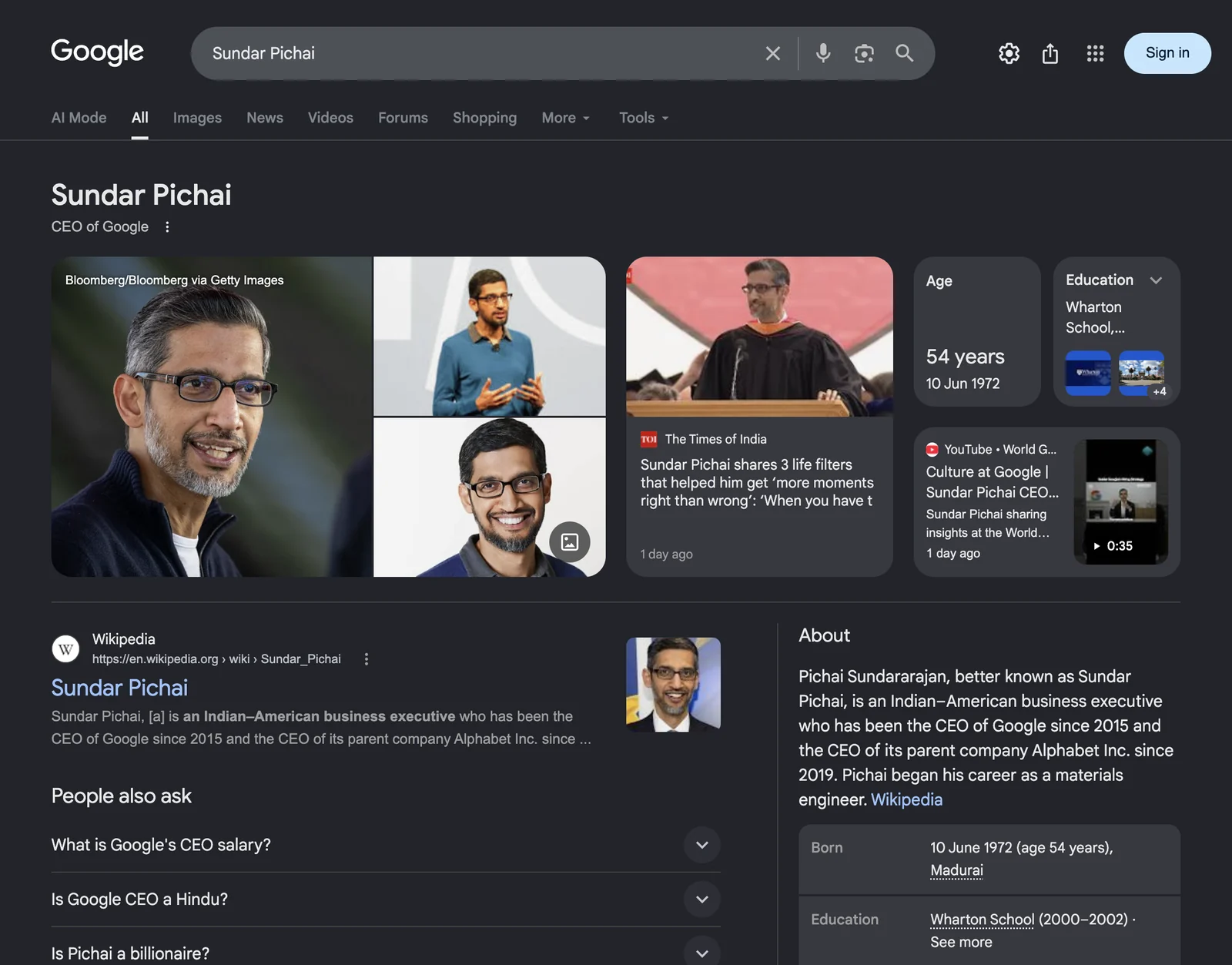 Google search results page for Sundar Pichai, CEO of Google