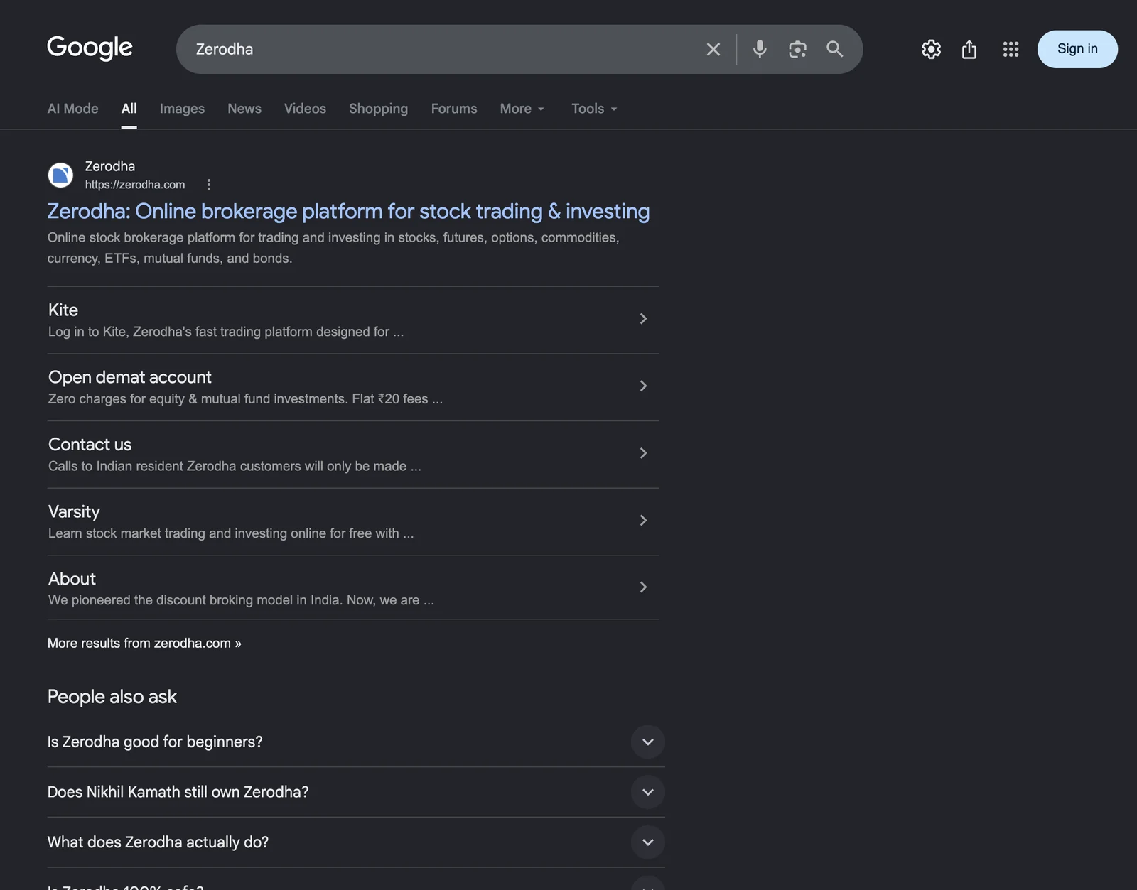 Google search results page for Zerodha, no panel, sitelinks only