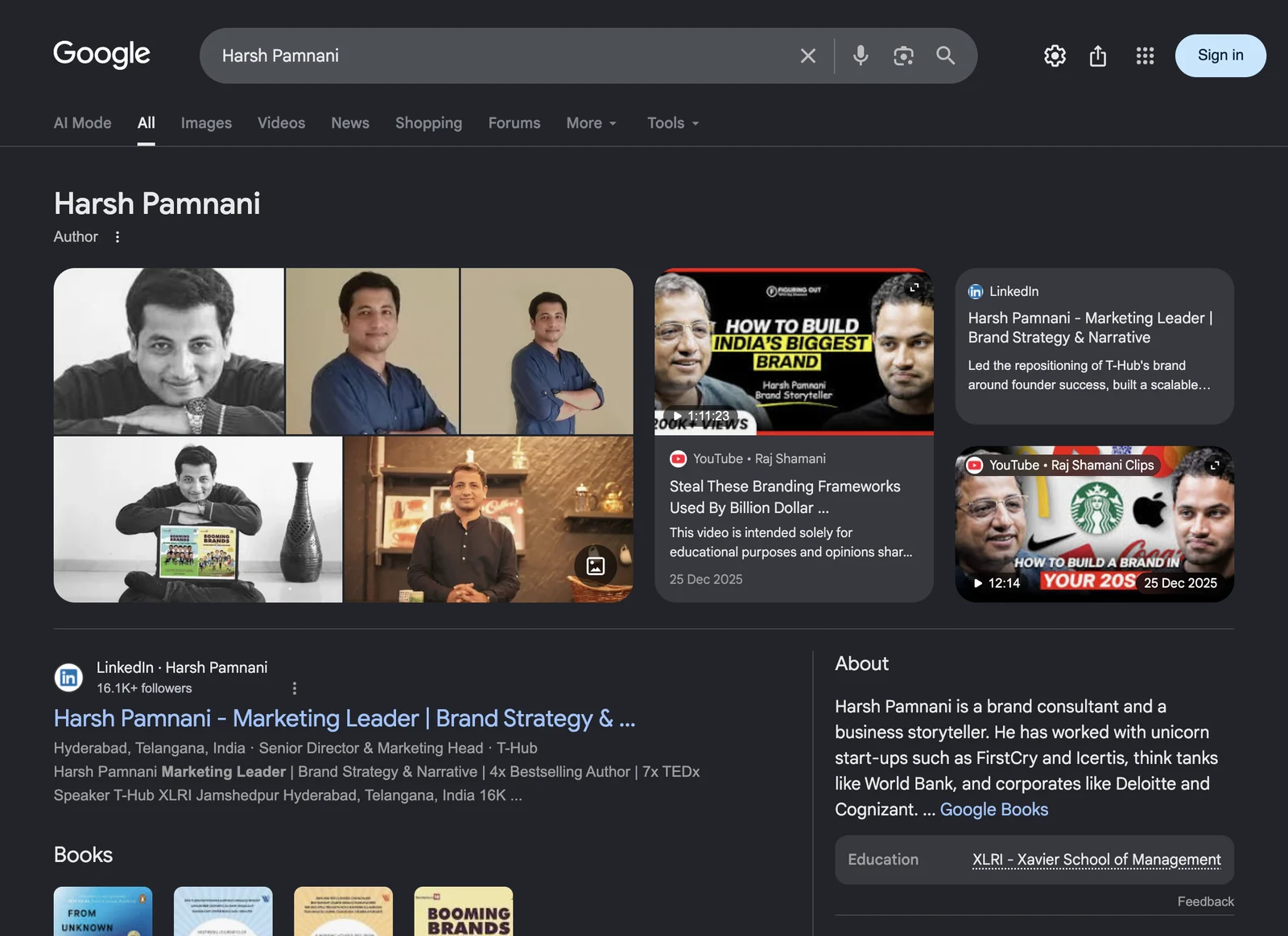 Google search result for Harsh Pamnani, Author and marketer