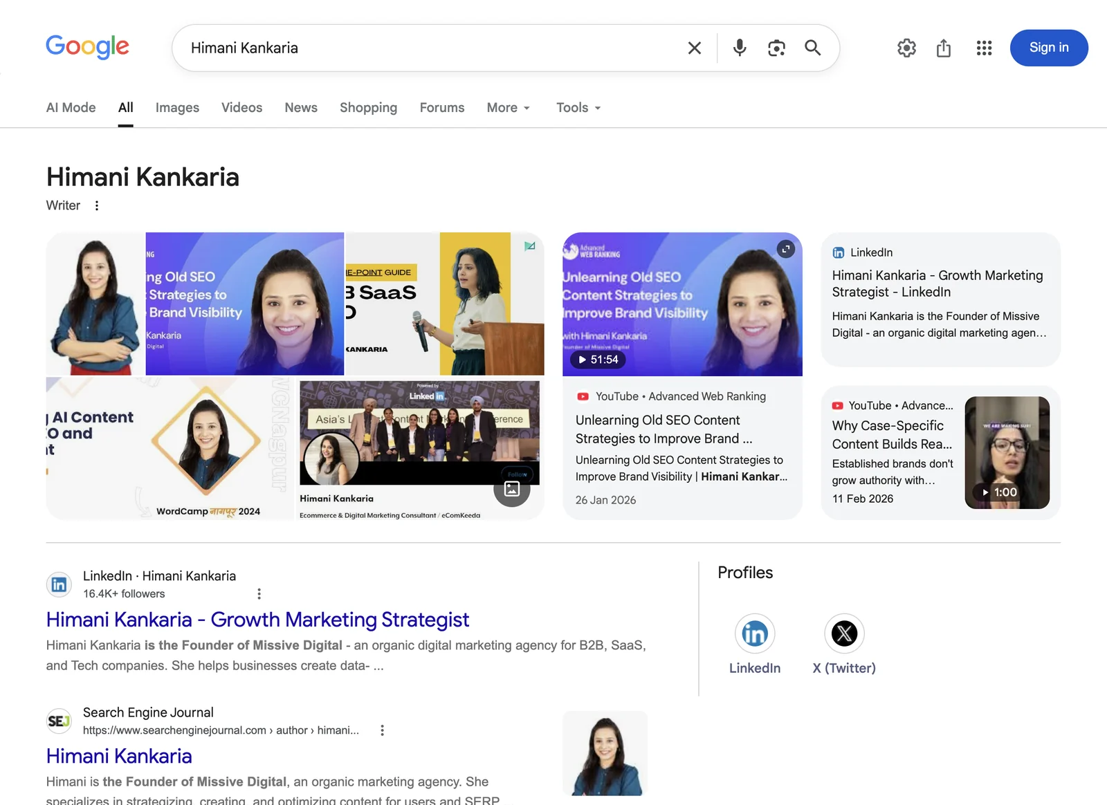 Google search result for Himani Kankaria, SEO consultant