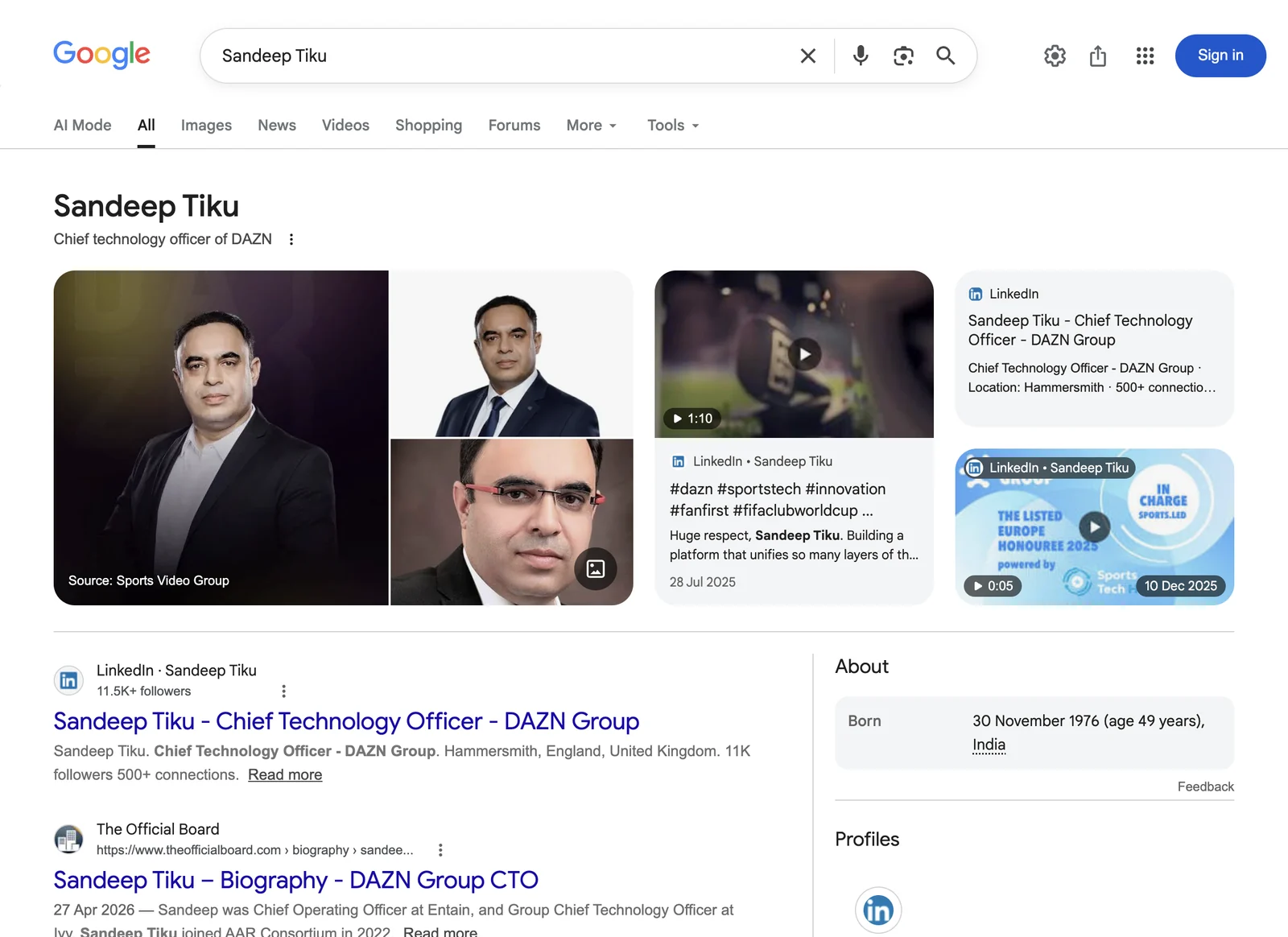 Google search result for Sandeep Tiku, Chief Operating Officer
